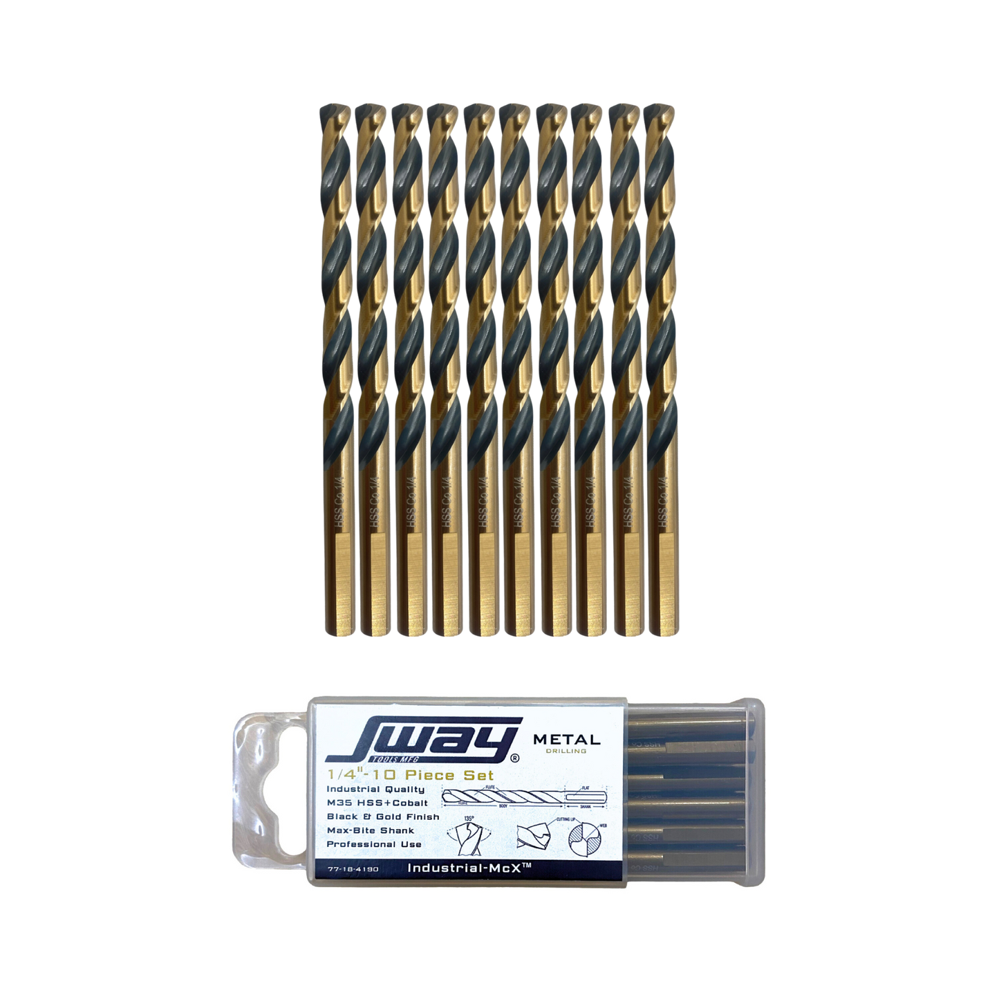1/4" 10-Piece Cobalt Steel Drill Bit Set - Black & Gold Finish, 135° Split Point, Industrial Grade with Max Force, Triple Flat Shank Design for Non-Slip Hard Metal Drilling