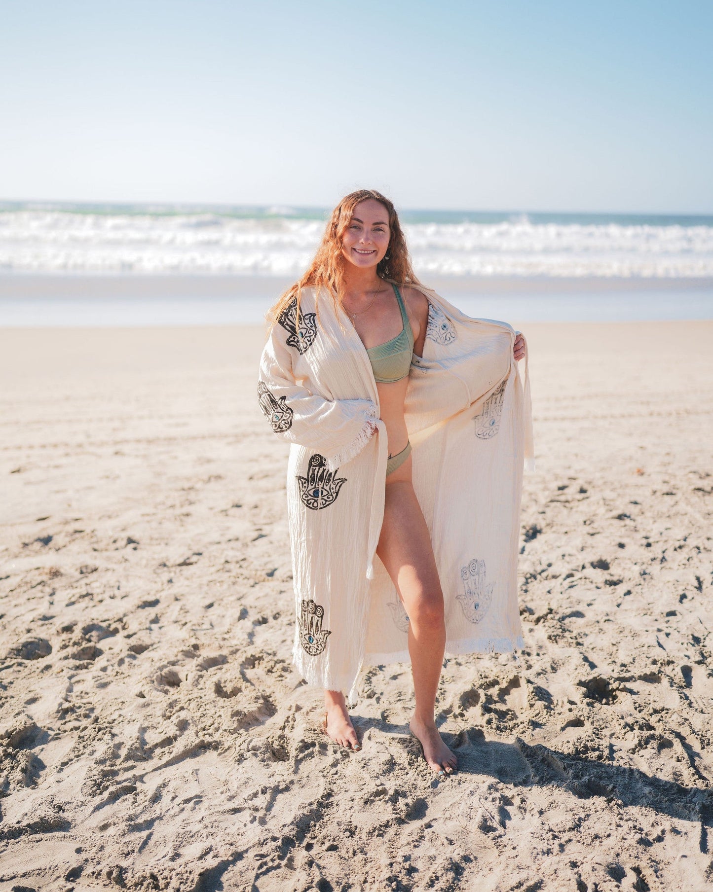 MUSLIN COTTON KIMONO BATHROBE HAMSA HAND PRINT