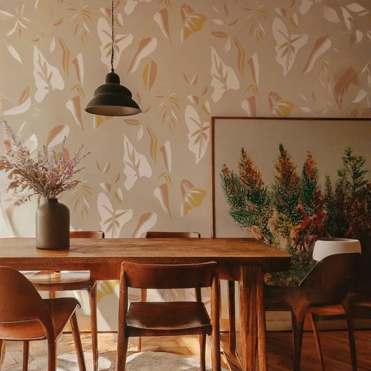 Block Print Foliage Wallpaper, tan and peach