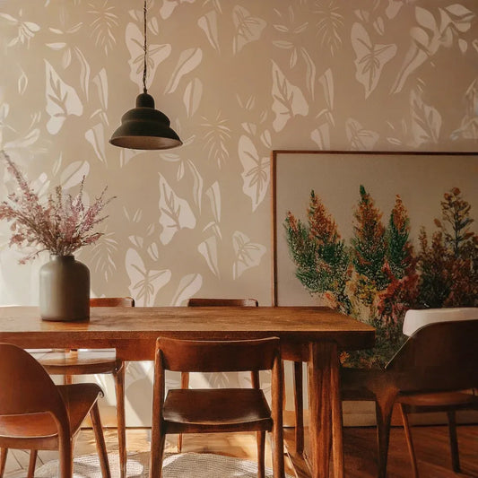 Block Print Foliage Wallpaper, tan and off-white