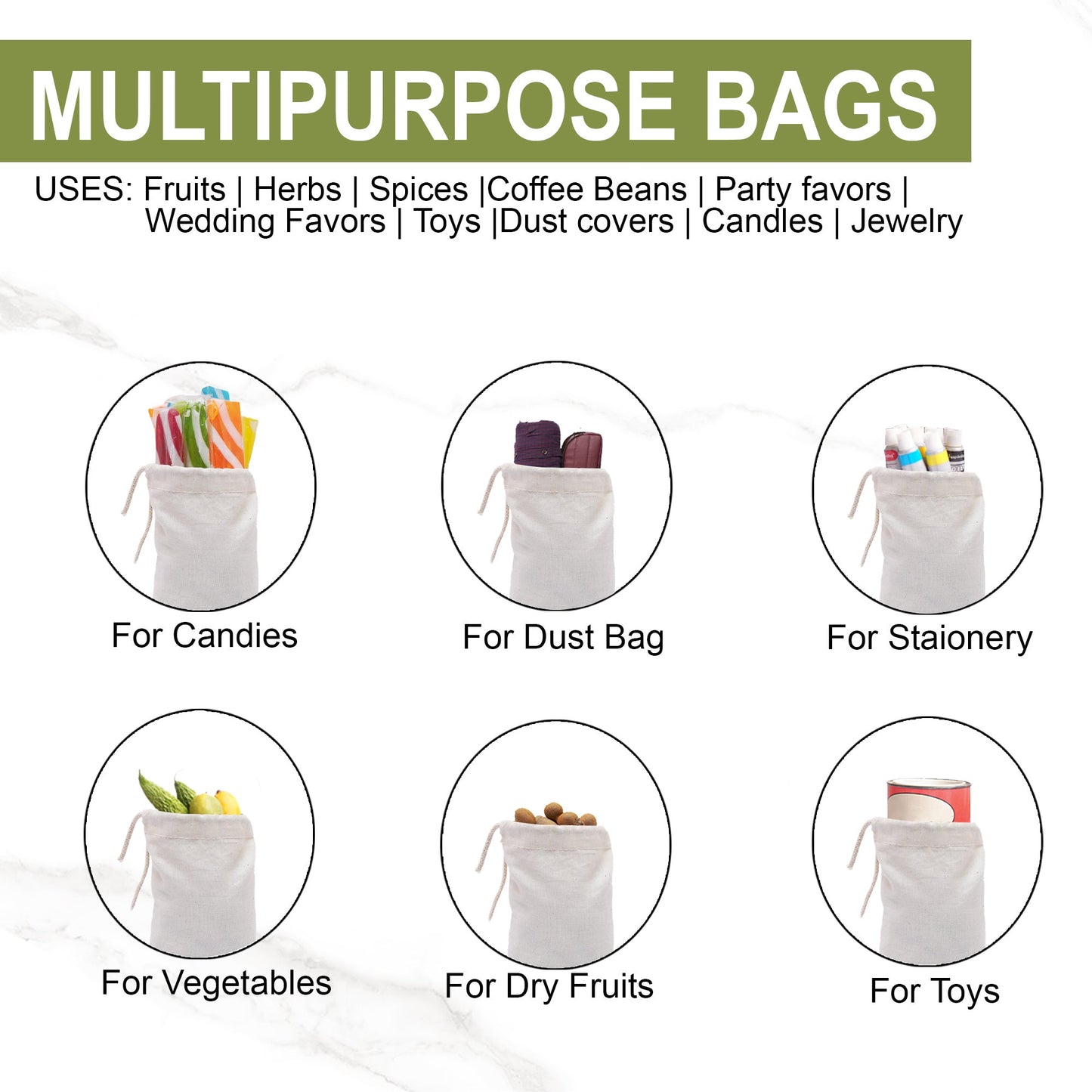 3x5 Inches Reusable Eco-Friendly Cotton Single Drawstring Bags Natural Color