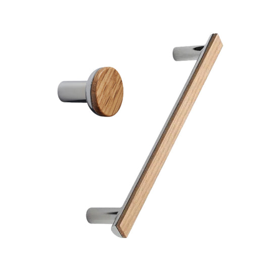Chrome and Wood "Bis" Cabinet Knob and Drawer Handle