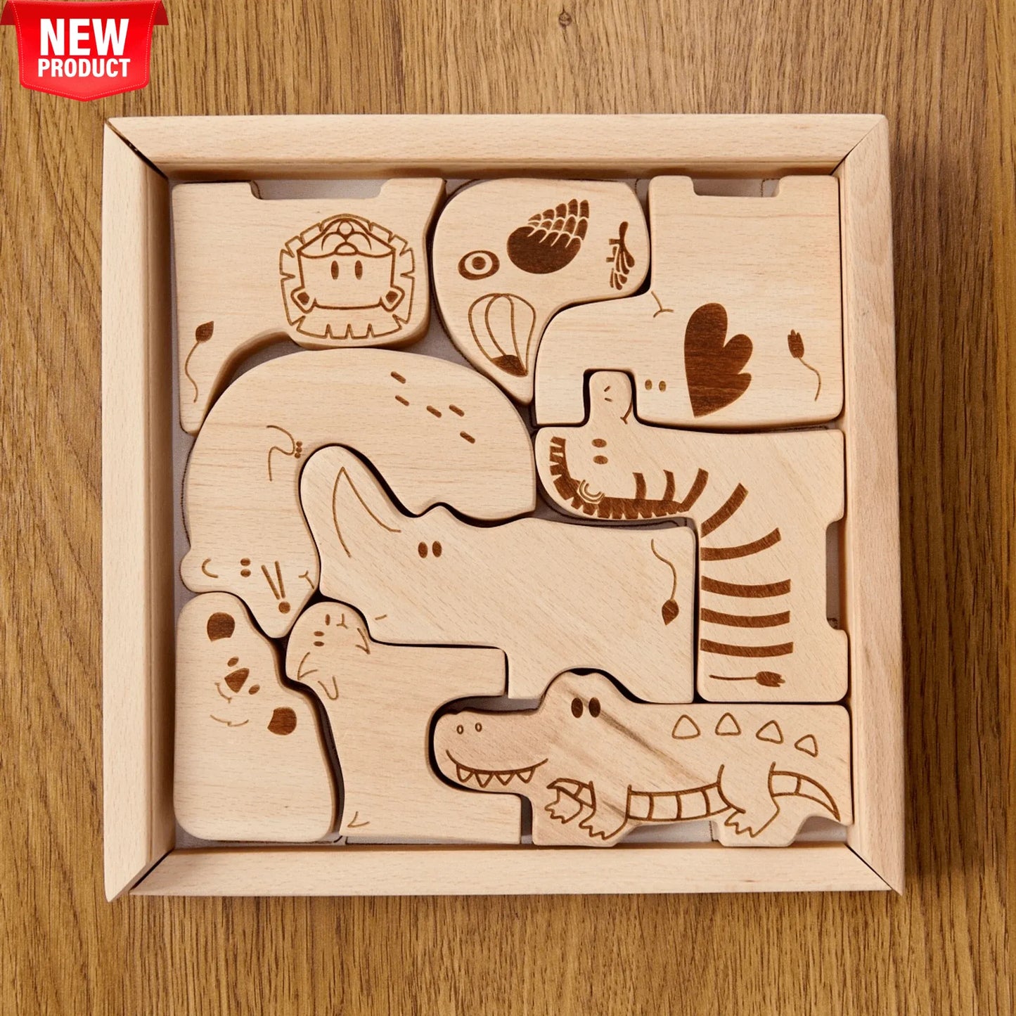 Wooden Safari Animal Puzzle Box for Toddlers