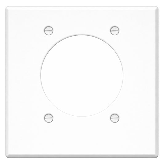 2-Gang With One 30/50/60A 3 & 4 White Wire Round Receptacle Opening (2.480 in. ID), Centered, Standard Size, White Painted Metal Wallplate