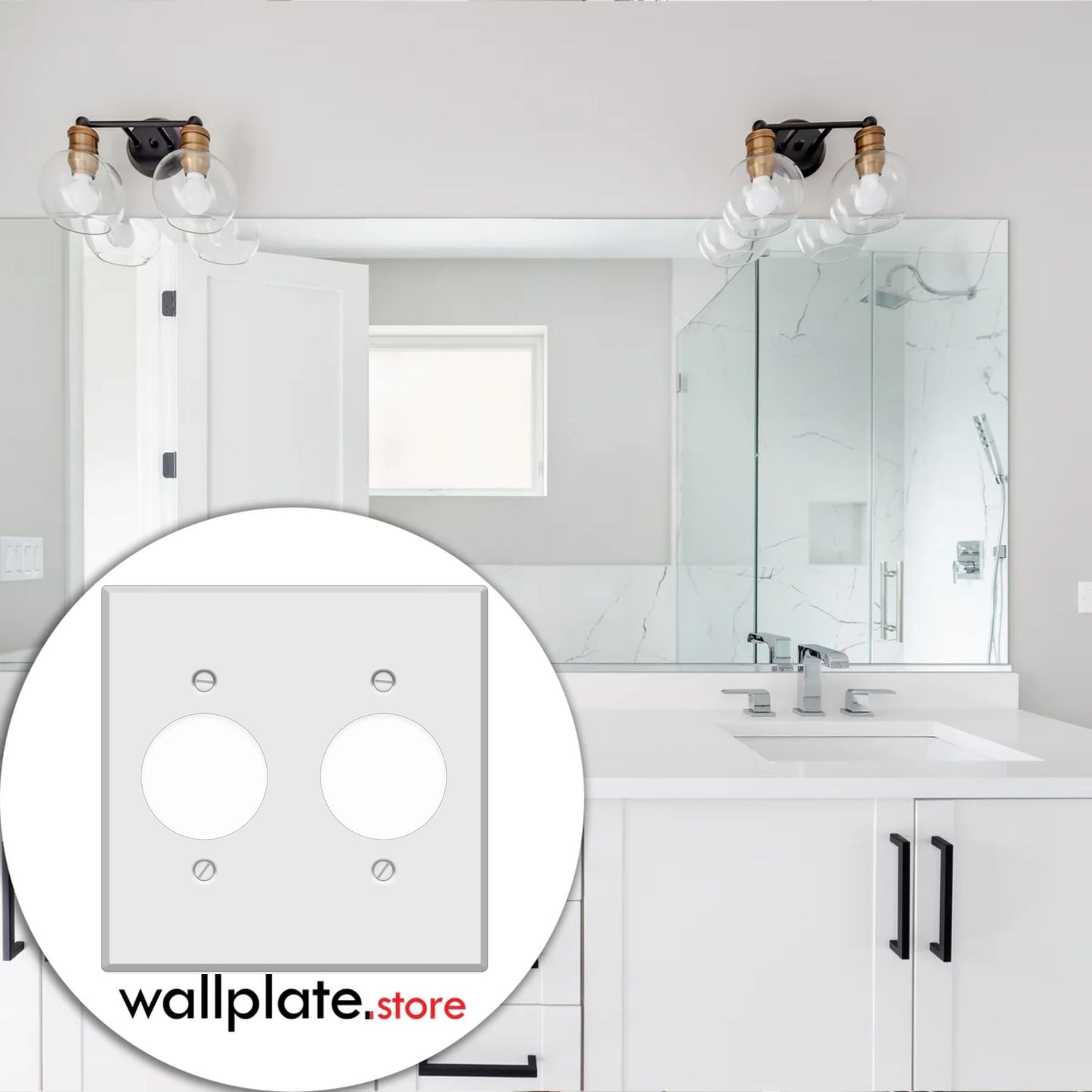 2-Gang, Standard Size, Double Round Receptacle Opening, White Semi-Gloss Metal Wall Plate Cover -  Made in USA