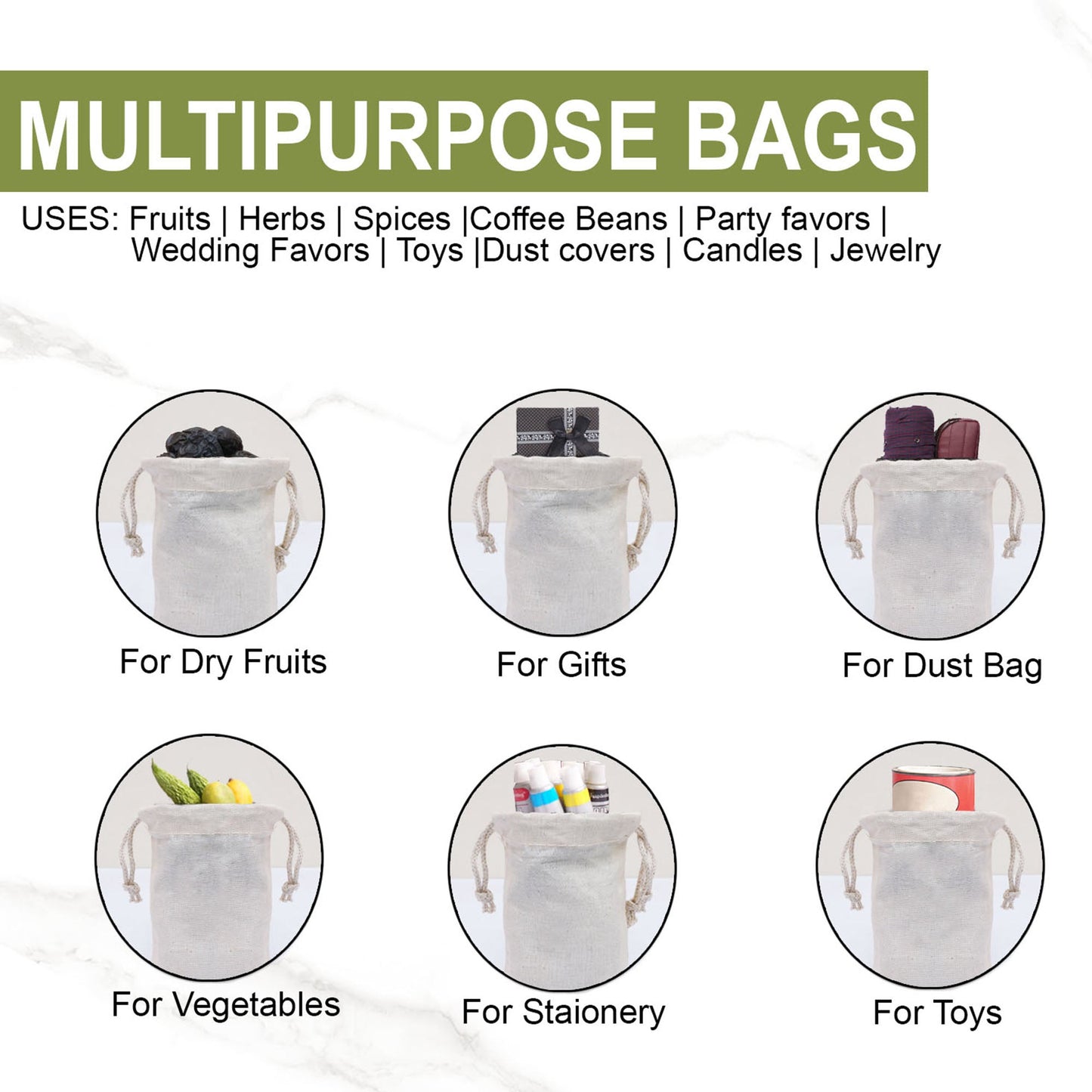 8x10 Inches Reusable Eco-Friendly Cotton Double Drawstring Bags Natural Color
