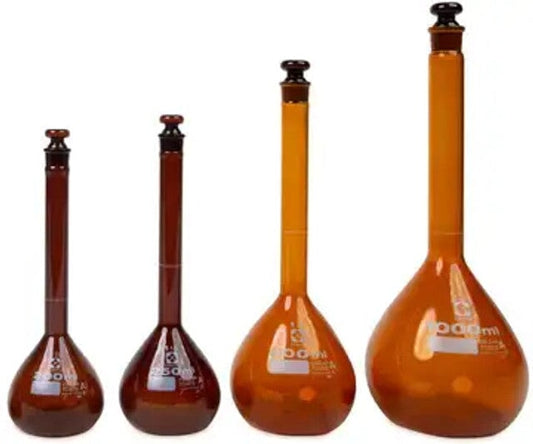 Heathrow Scientific 2307A-100 Volumetric Flask, Amber, Class A, Glass Stopper, 100 mL, 4/pk