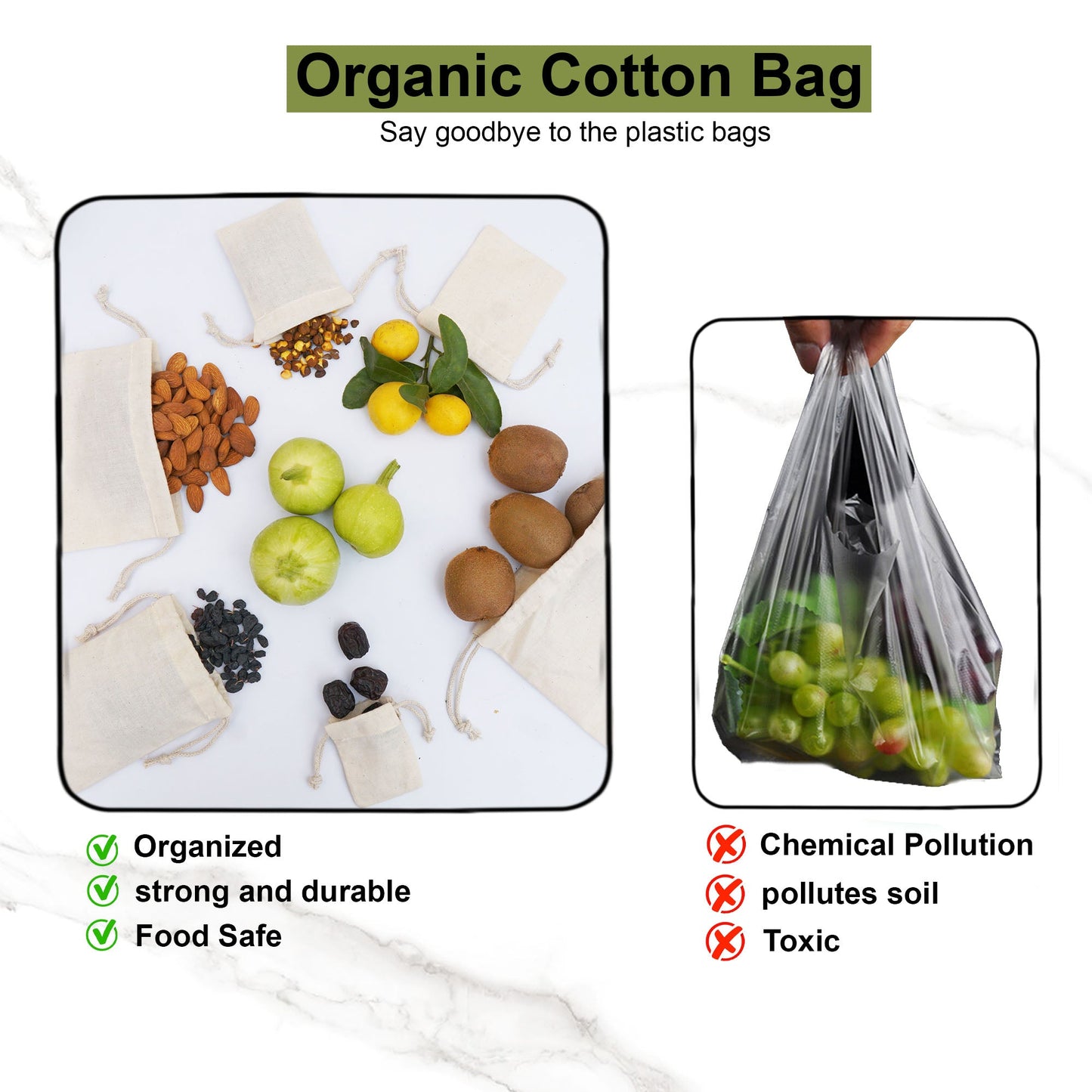10x12 Inches Reusable Eco-Friendly Cotton Double Drawstring Bags Natural Color