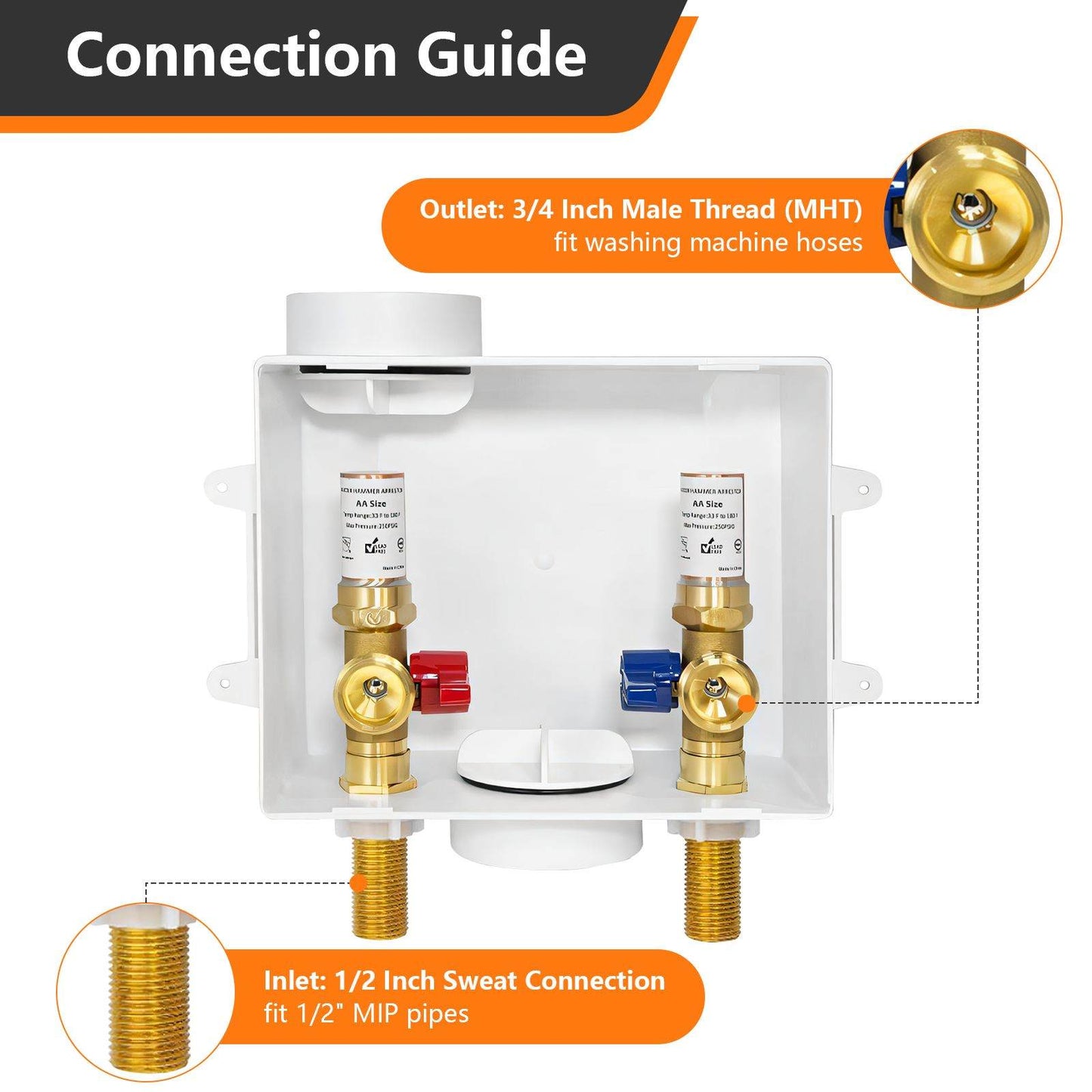 1/2" Sweat Inlet, Washing Machine Outlet Box, with Copper Water Hammer Arrestor