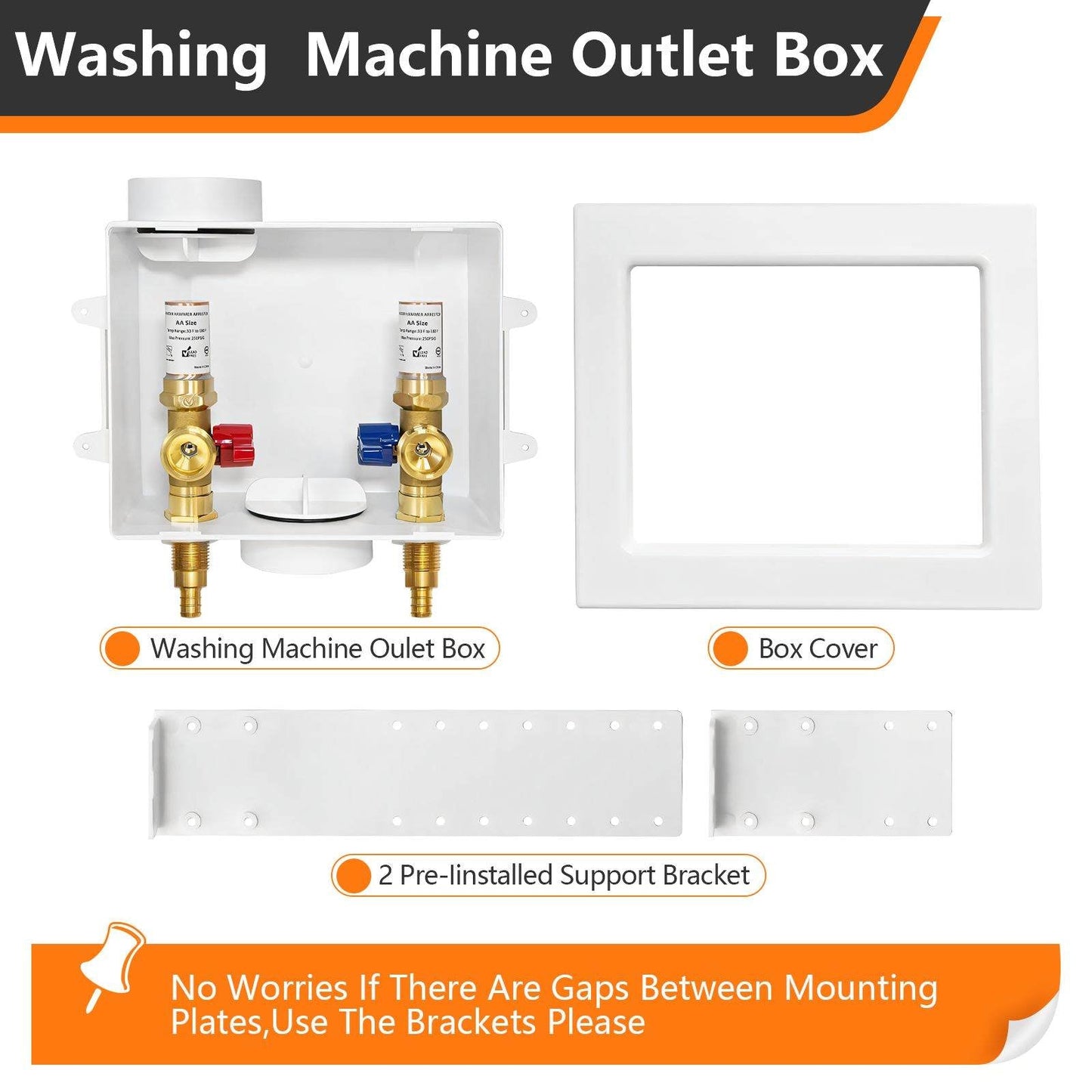 1/2" PEX Crimp (F1807) Inlet, Washing Machine Outlet Box, with Copper Water Hammer Arrestor