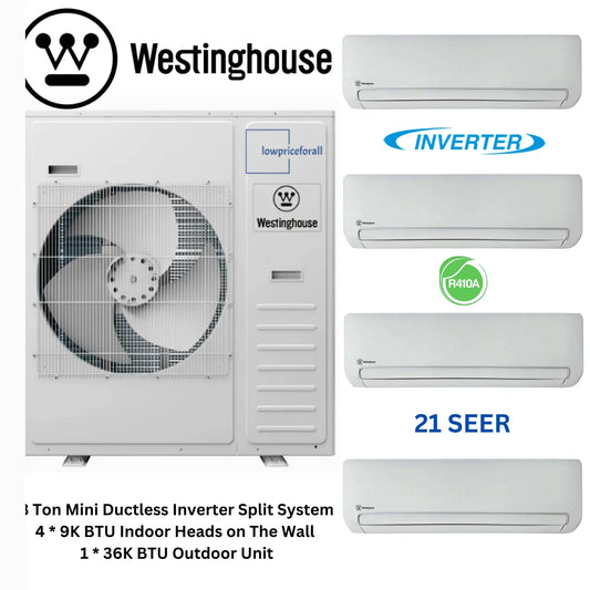 Westinghouse WHP36M4A21S Mini Split Inverter Air Conditioner System Wall Mounted 4-Zone 36K BTU Outdoor and WHP09WMA21S 9k + 9k + 9k + 9k Indoor