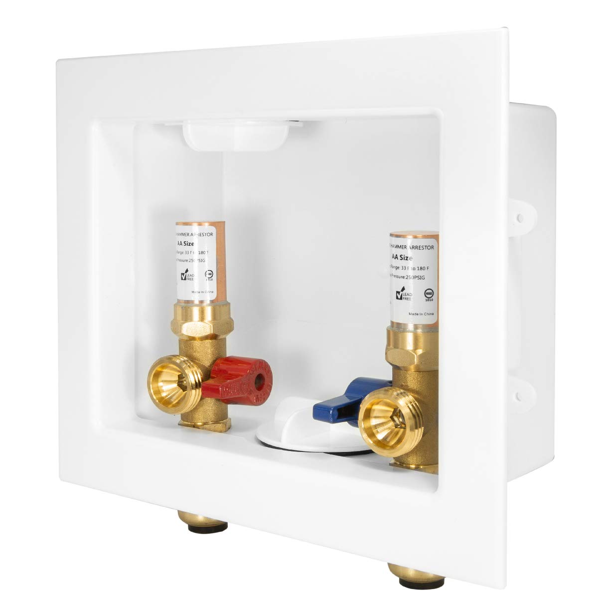 1/2" Push Fit Inlet, Washing Machine Outlet Box, with Copper Arrestor, with Center Drain