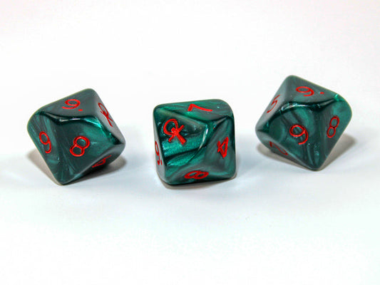 Pearlescent Ankh Numbered 2-10 w/Ankh on one side d10 Green/red numbers