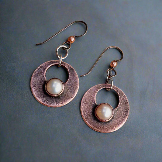 Handcrafted Pearl Drop Earrings with Copper Design Elegance