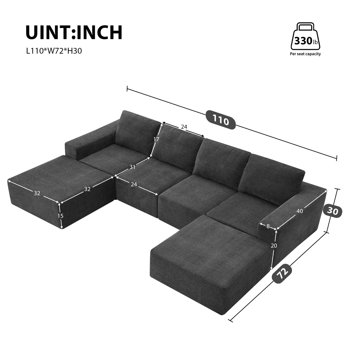110*72' Modular U Shaped Sectional Sofa with Ottomans,Luxury Cloud Chenille Floor Couch with Deep Seat,No Assembly Required,Fully Compressed Upholstered Sofa for Living Room,Bedroom,3 Colors