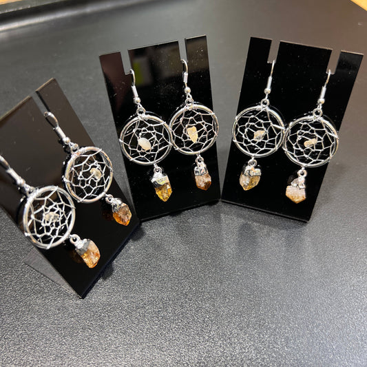 DreamCatcher Earrings Pair (Citrine Crystal)(Silver Plated)(Stainless Steel Hooks) Gemstone Jewelry Supply