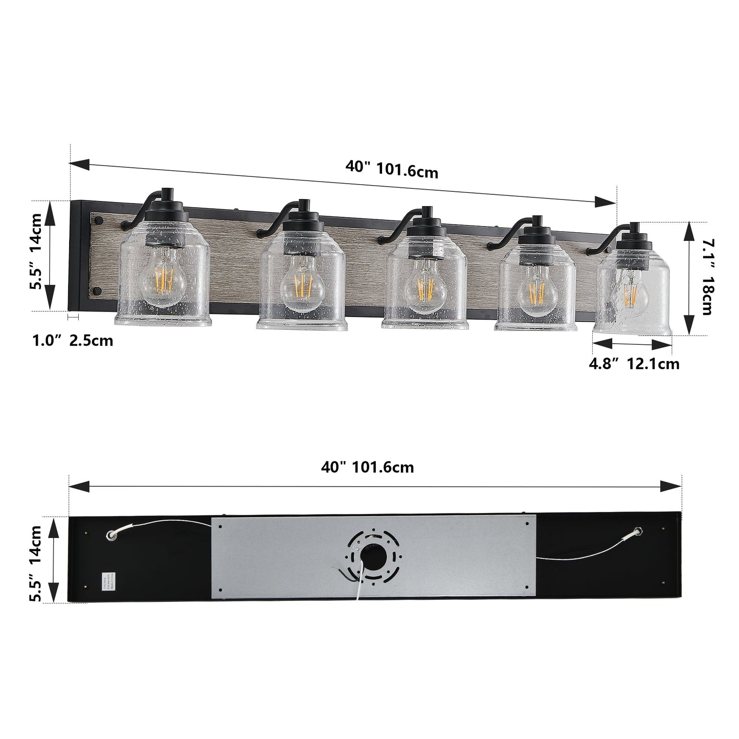 Farmhouse Vanity Light Fixture, 5-Light Bathroom Wall Sconce with Clear Seeded Glass Shades, Rustic Black Finish with Wood Backplate, Modern Industrial Design for Bathroom or Powder Room (No Bulbs)