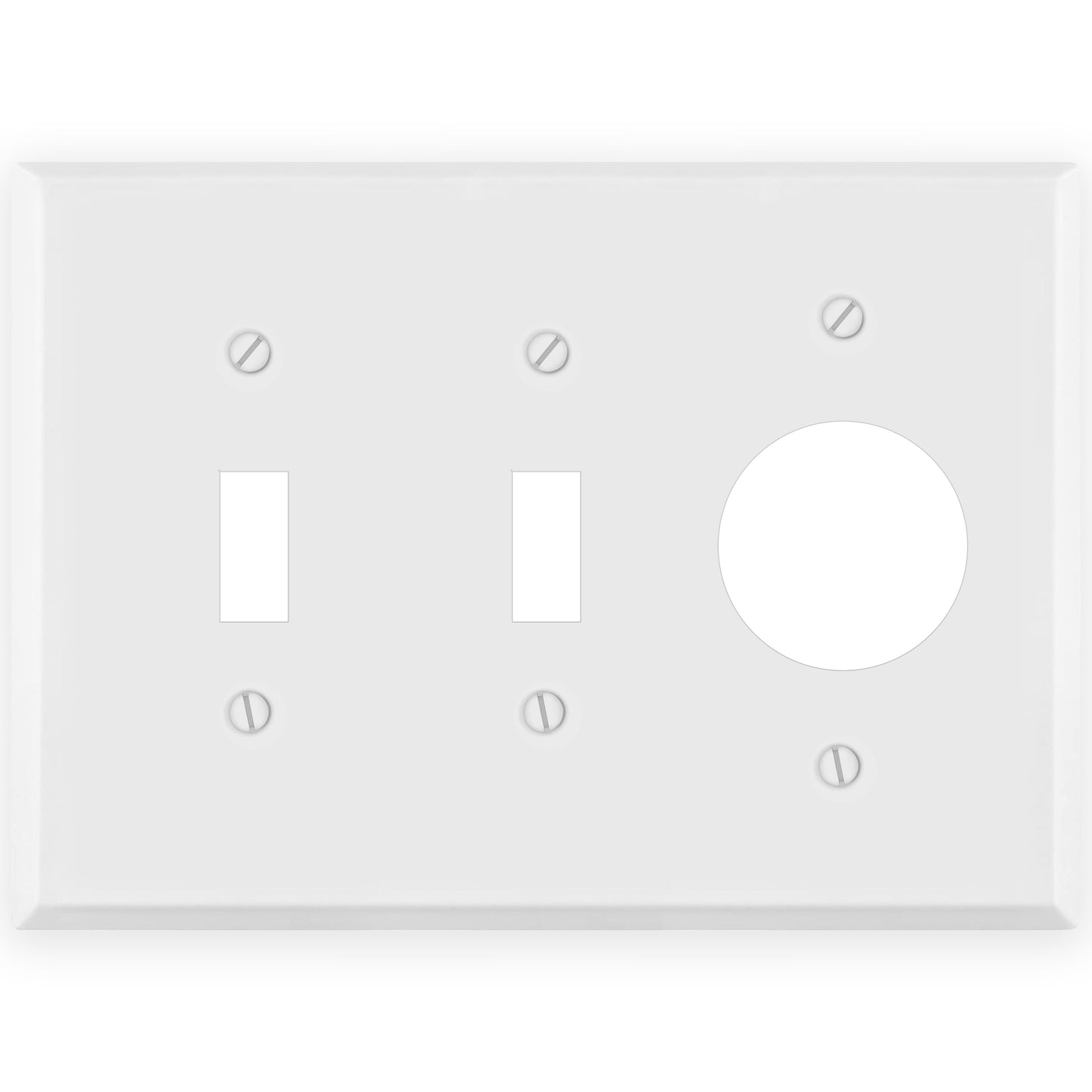 3 Gang Standard Size White Metal 2 toggle and 1 Single Round Receptacle Wall plate