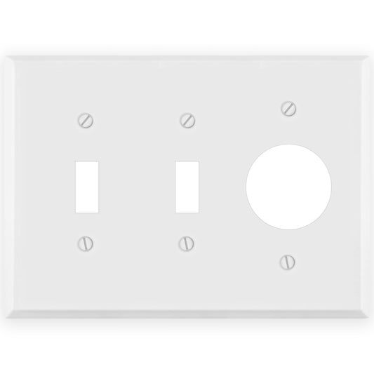 3 Gang Standard Size White Metal 2 toggle and 1 Single Round Receptacle Wall plate