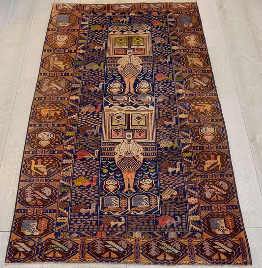 Afghani Vintage Pictorial Rug I Tribal Baluchi 4X7 Ft