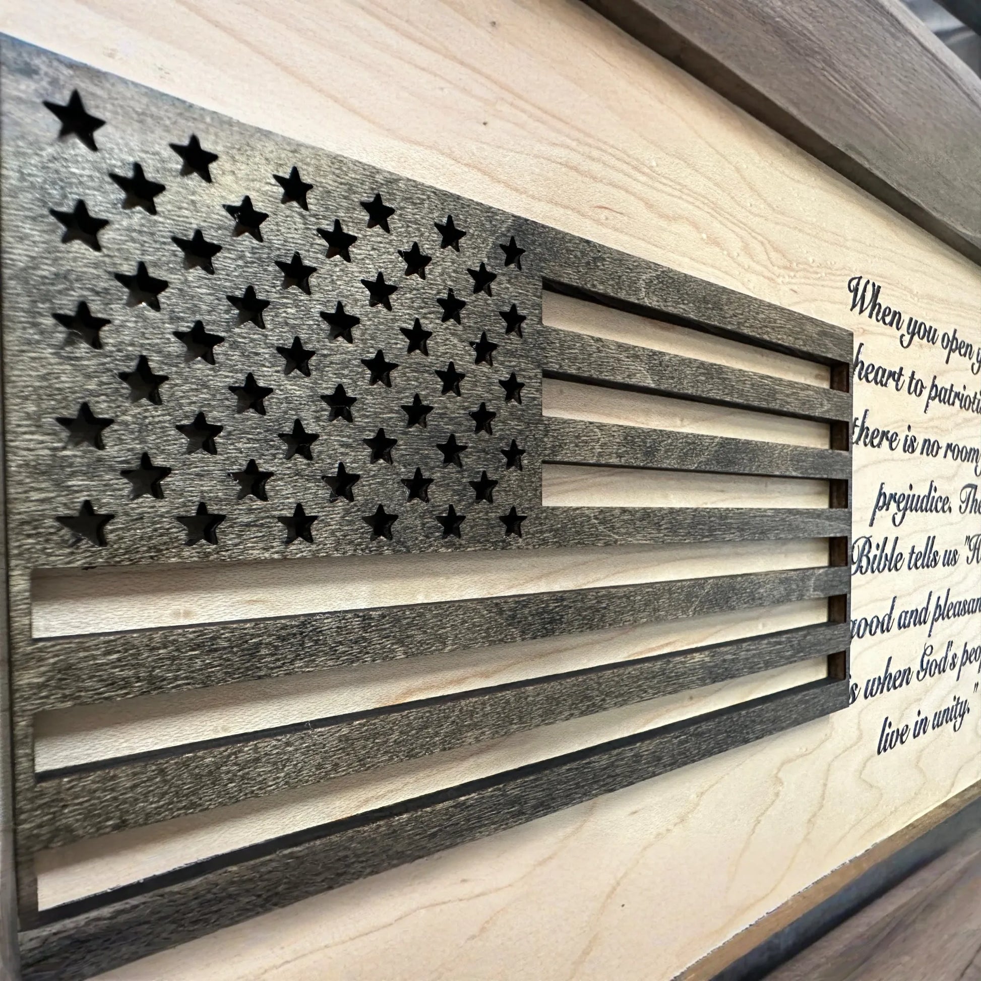 American Flag & Patriotism Decorative & Secure Wall-Mounted Gun Cabinet (Jacobean & Natural)