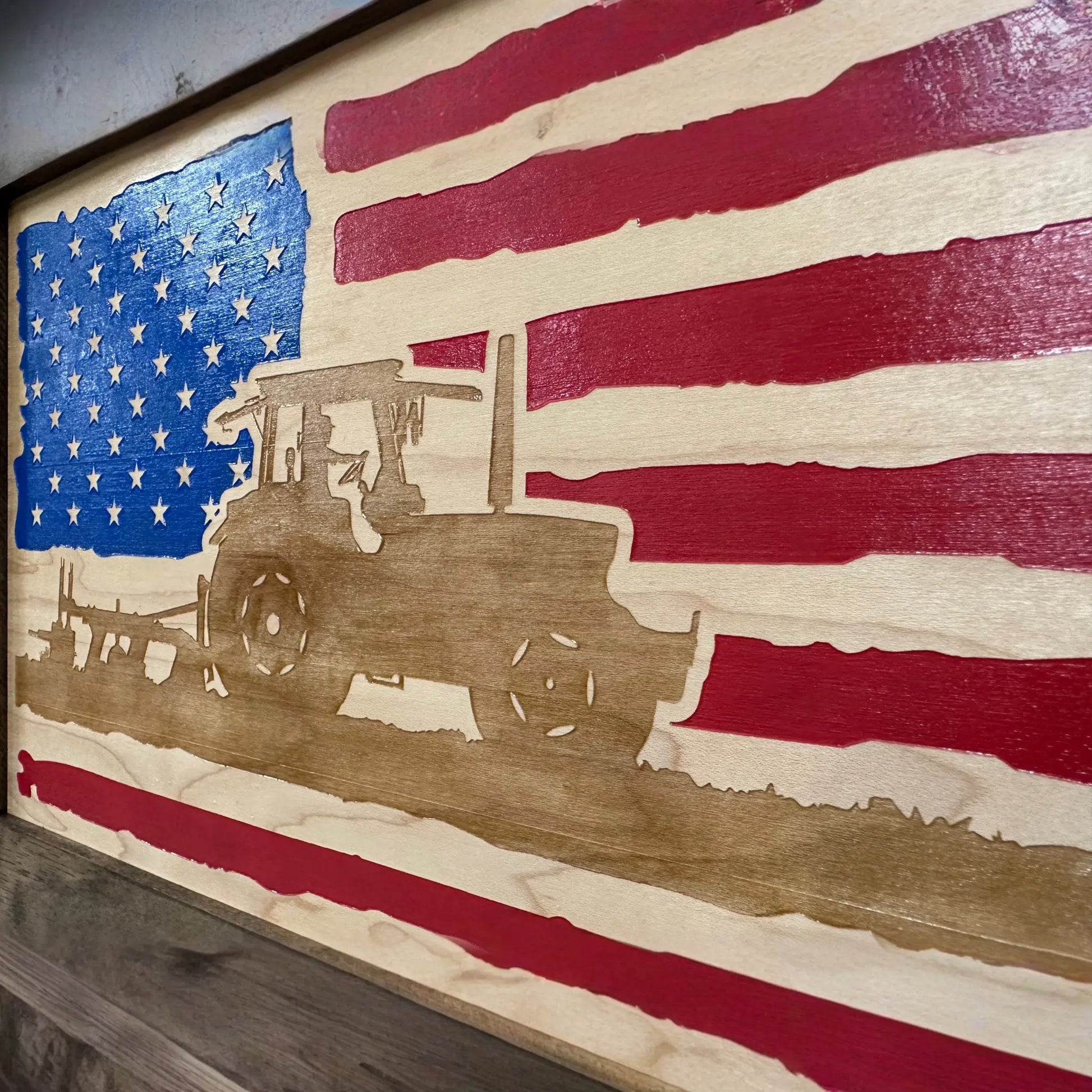 Locking Gun Cabinet Wall Mounted with American Flag and Farmer Patriotic Decorative Front