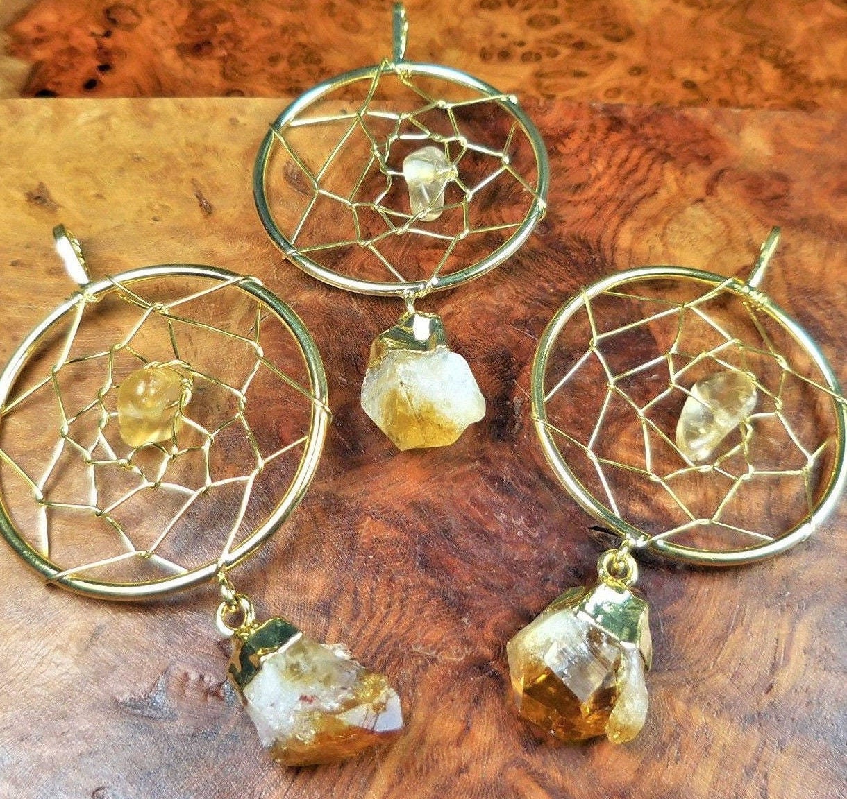 Dreamcatcher Pendant (Citrine Crystal Point)(Gold Plated) Gemstone Jewelry Necklace Supply