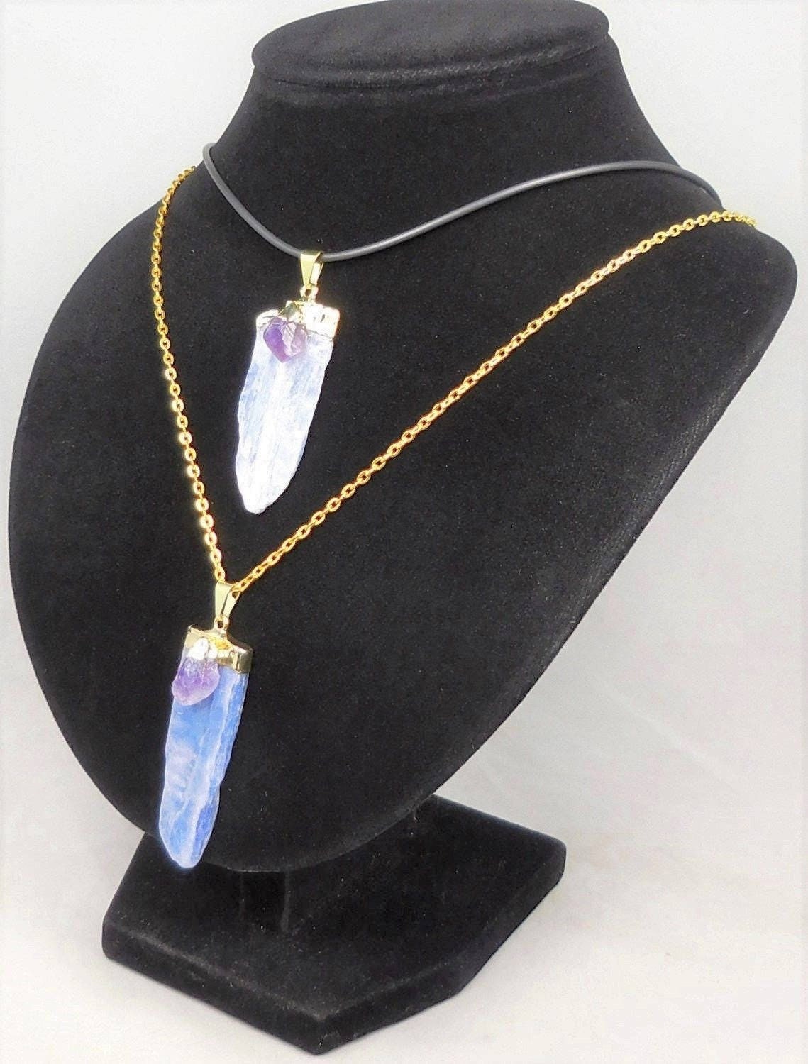 Kyanite And Amethyst Crystal Point Pendant (Gold Plated) Necklace Charm Jewelry