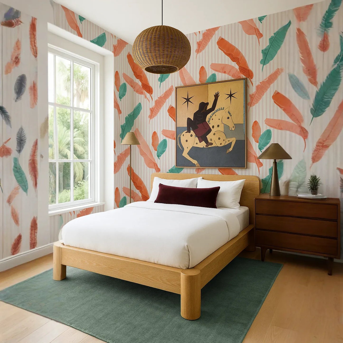Banana Cabana Wallpaper, coral and teal