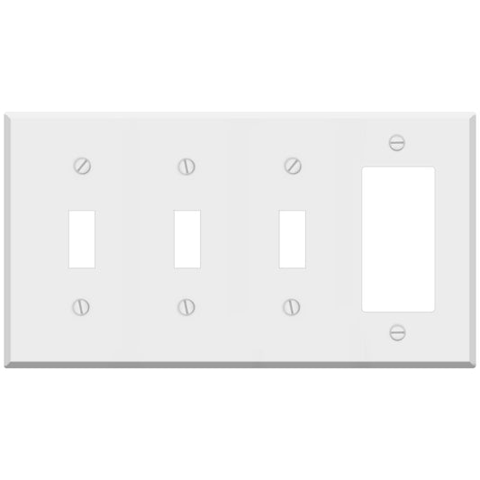 4 Gang standard size White Metal Wall Plate, With 3 toggle and 1 Rocker Decora® Style Openings
