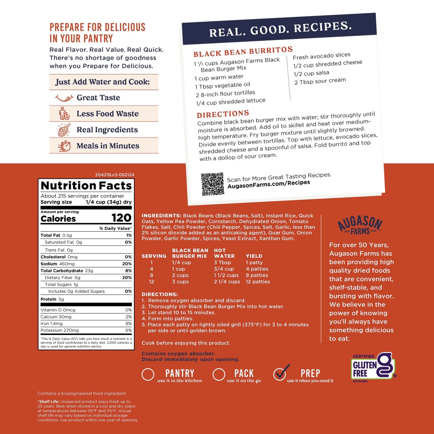 Gluten Free Black Bean Burger Mix 4 Gallon Pail, 215 Servings