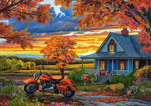 500 Piece Jigsaw Puzzle, Autumn Ride, Motorcycle and a sky ablaze with sunset colors, Classic America, Adult Puzzle, Castorland B - 54077 - Bridge Toys - Premium Jigsaw Puzzles - Little Red General Store