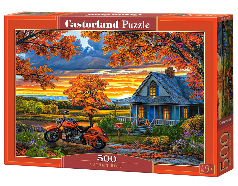 500 Piece Jigsaw Puzzle, Autumn Ride, Motorcycle and a sky ablaze with sunset colors, Classic America, Adult Puzzle, Castorland B - 54077 - Bridge Toys - Premium Jigsaw Puzzles - Little Red General Store