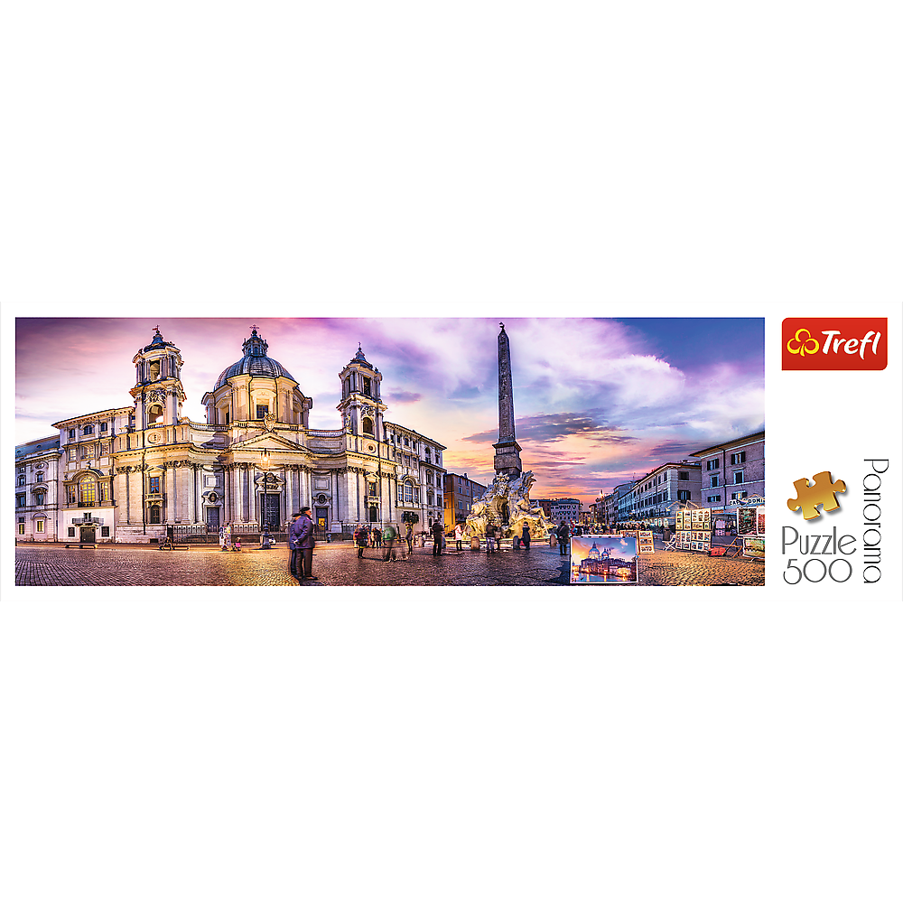 Panorama 500 Piece Jigsaw Puzzle, Piazza Navona, Rome, Italy, Fountain of the Four Rivers, European Cities Puzzle, Adult Puzzles, Trefl 29501 - Bridge Toys - Premium Jigsaw Puzzles - Little Red General Store