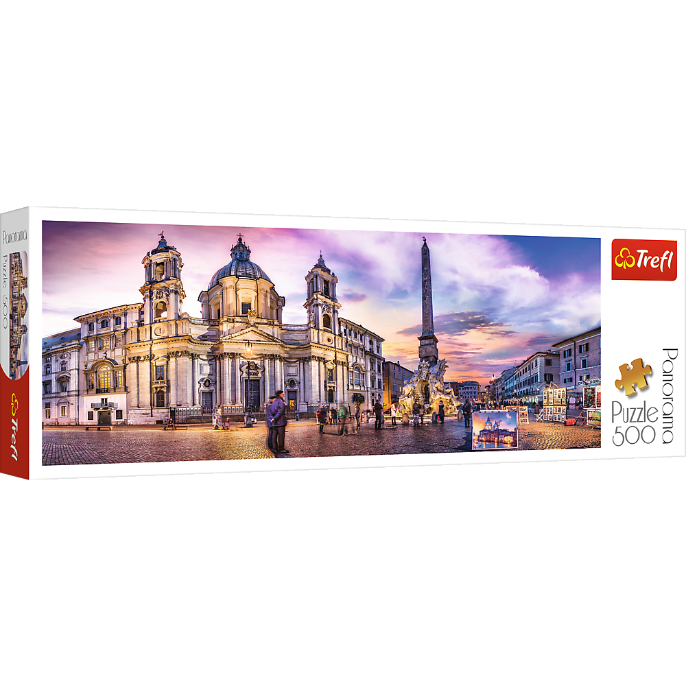 Panorama 500 Piece Jigsaw Puzzle, Piazza Navona, Rome, Italy, Fountain of the Four Rivers, European Cities Puzzle, Adult Puzzles, Trefl 29501 - Bridge Toys - Premium Jigsaw Puzzles - Little Red General Store
