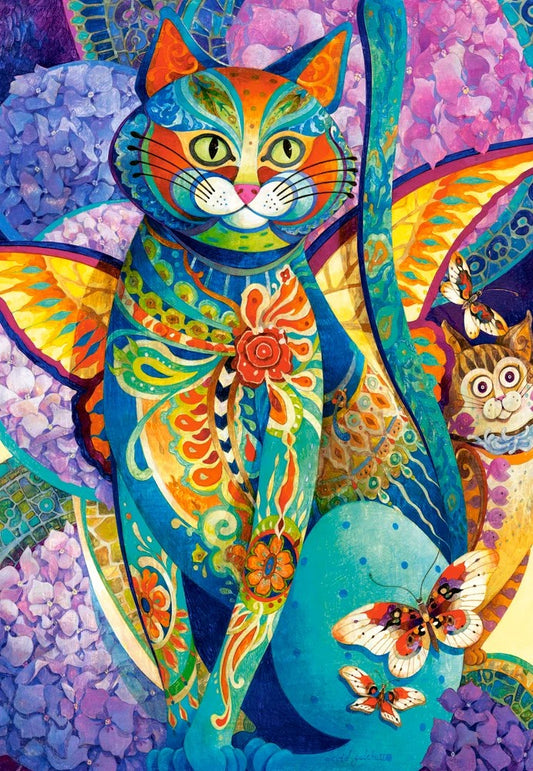1500 Piece Jigsaw Puzzle, Feline Fiesta, Art. Puzzle, Colorful cat painting, Hydrangeas flowers, Adult Puzzle, Castorland C - 151448 - 2 - Bridge Toys - Premium Jigsaw Puzzles - Little Red General Store