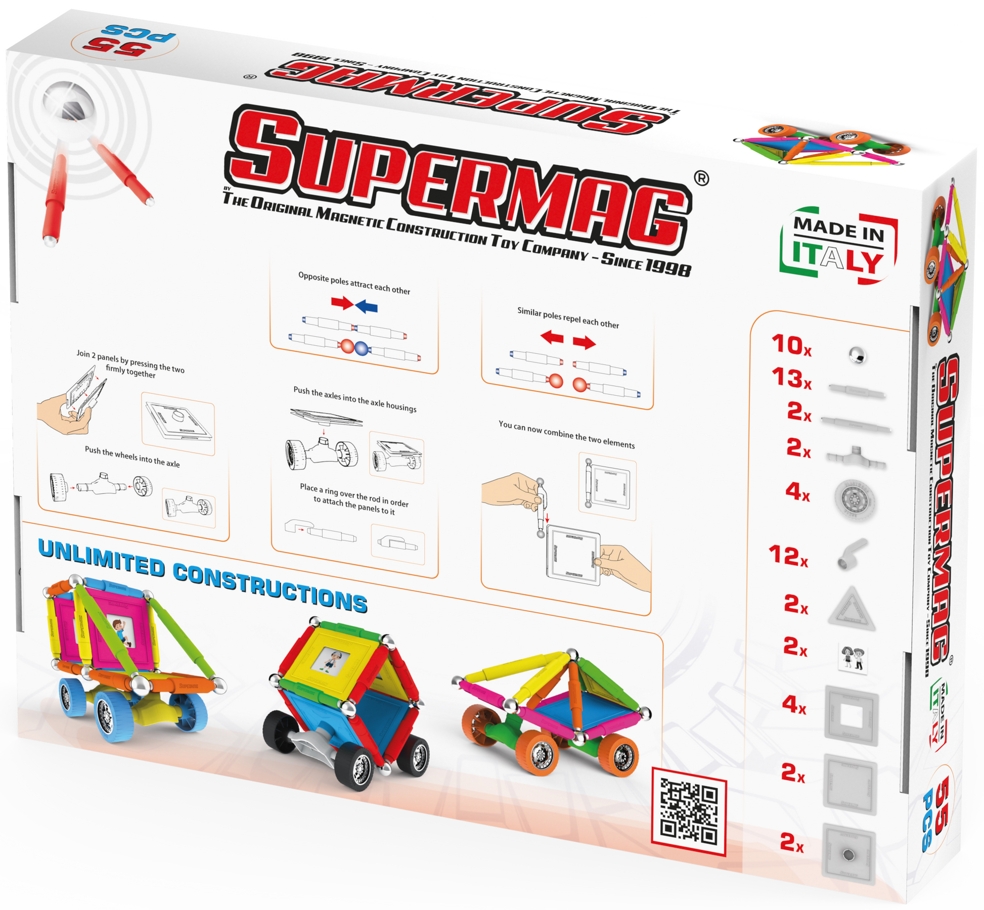 Tinamiri Supermag - Wheels 55 - Magnetic Building Set, Educational construction fun, 55 piece set, Magnet Toys, 0661 - Bridge Toys - Premium Jigsaw Puzzles - Little Red General Store