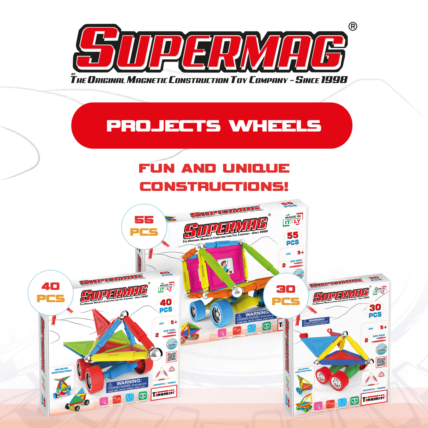 Tinamiri Supermag - Wheels 55 - Magnetic Building Set, Educational construction fun, 55 piece set, Magnet Toys, 0661 - Bridge Toys - Premium Jigsaw Puzzles - Little Red General Store
