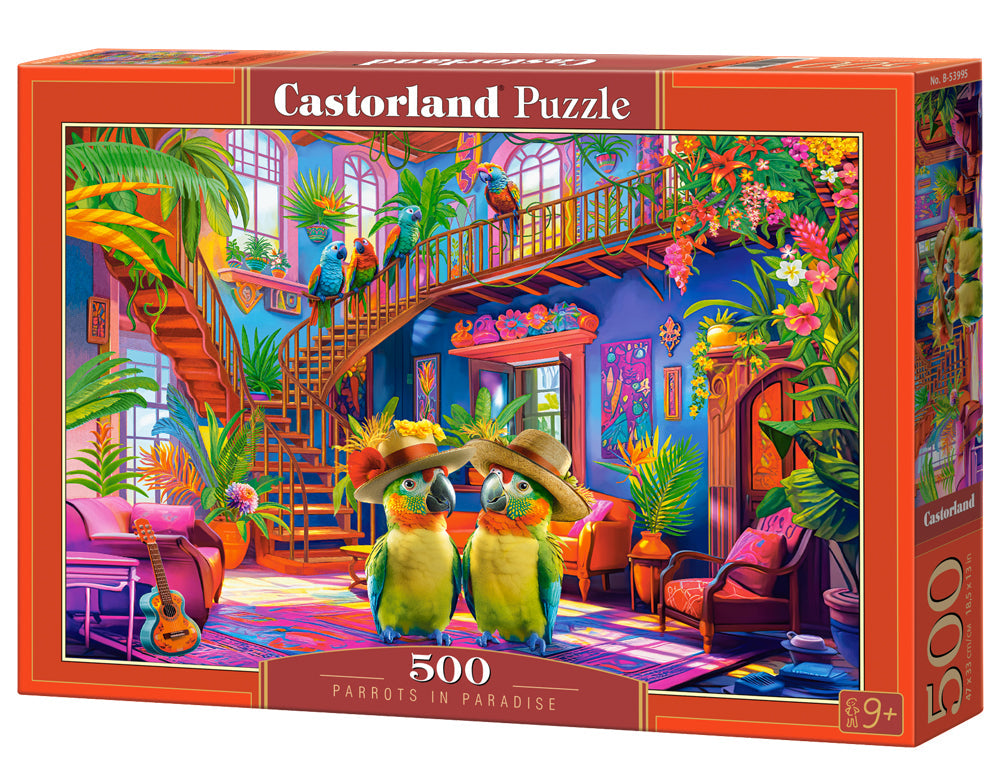 500 Piece Jigsaw Puzzle, Parrots in Paradise, Tropical interior, Colorful puzzles, Animal puzzles, Adult Puzzle, Castorland B - 53995 - Bridge Toys - Premium Jigsaw Puzzles - Little Red General Store