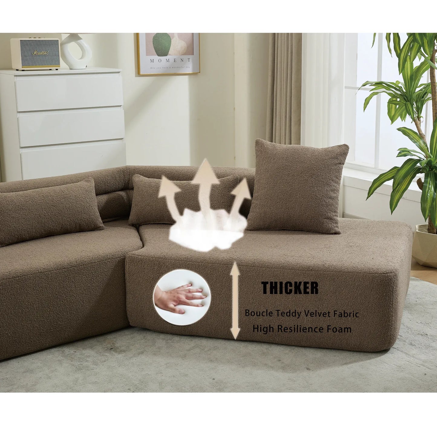 128"Minimalist Cloud Sectional Couch ,Modern Couches ,4-Seater ,No Assembly,Two modular sofa,Boucle Teddy Fabric, upholstered , anti-wrinkle fabric,Brown