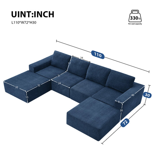 110*72' Modular U Shaped Sectional Sofa with Ottomans,Luxury Cloud Chenille Floor Couch with Deep Seat,No Assembly Required,Fully Compressed Upholstered Sofa for Living Room,Bedroom,3 Colors