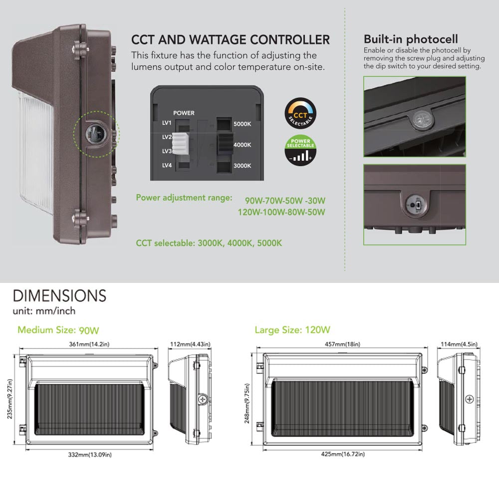 Slim LED Wall Pack Light with Built-in Photocell 30-120W Watt Tunable 3000K/4000K/5000K Color 120-277V
