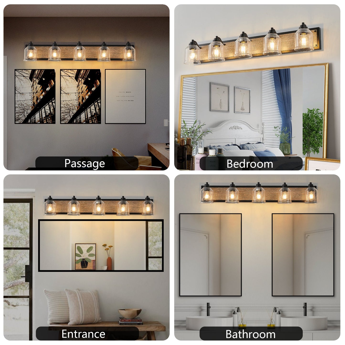Farmhouse Vanity Light Fixture, 5-Light Bathroom Wall Sconce with Clear Seeded Glass Shades, Rustic Black Finish with Wood Backplate, Modern Industrial Design for Bathroom or Powder Room (No Bulbs)