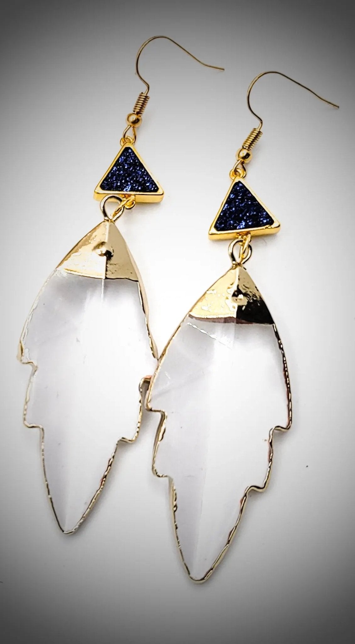 Clear Quartz Leaf Earrings "Druzy Blue"