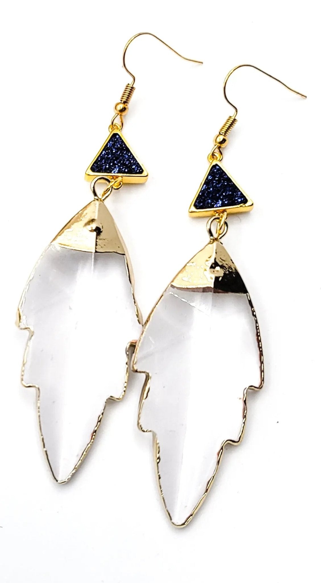 Clear Quartz Leaf Earrings "Druzy Blue"