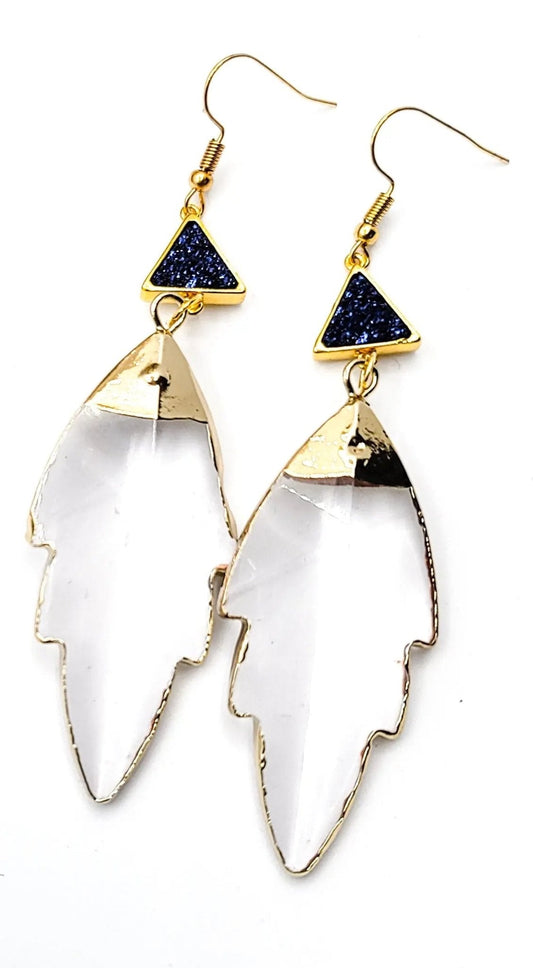 Clear Quartz Leaf Earrings "Druzy Blue"