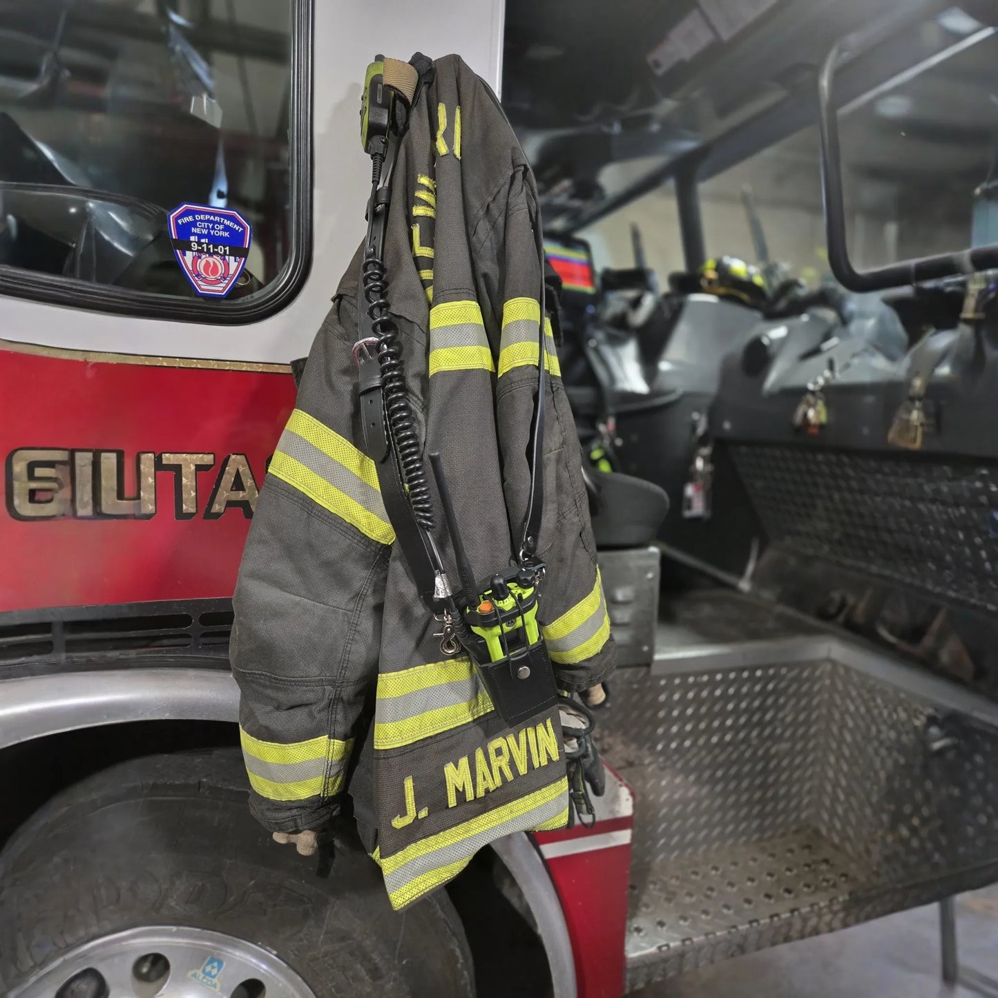 Firefighter Leather Radio Holster with Belt, Strap, Anti-Sway Strap, and Mic Loops. Perfect for Firefighters, EMT, Police