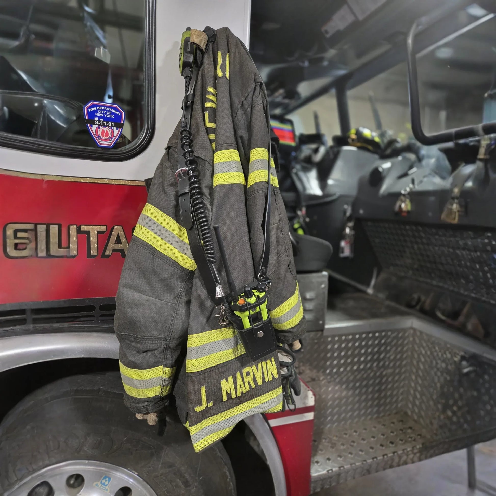 Firefighter Leather Radio Holster with Belt, Strap, Anti-Sway Strap, and Mic Loops. Perfect for Firefighters, EMT, Police