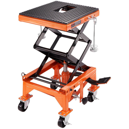 Hydraulic Motorcycle Lift Table, 350 LBS Capacity Motorcycle Scissor Jack Lift with Wide Deck, J-hooks, 4 Wheels, Hydraulic Foot-Operated Jack Stand for ATV Dirt Bikes