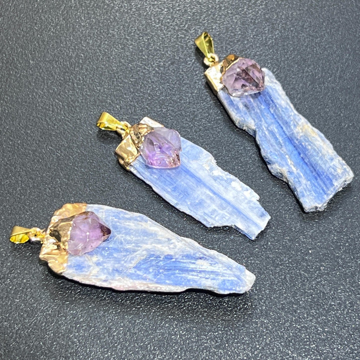 Kyanite And Amethyst Crystal Point Pendant (Gold Plated) Necklace Charm Jewelry